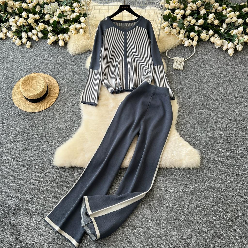 Autumn Winter Women Casual Striped Knitted Sweater Trouser Two Piece Set V-neck Pullover Tops and Wide Leg Pant Tracksuit