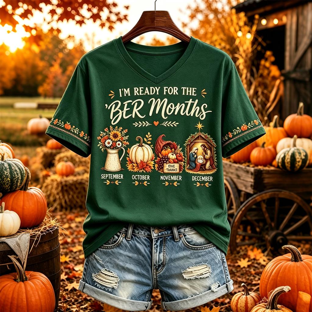 Women's Thanksgiving V-Neck Short Sleeve Printed Pullover Top