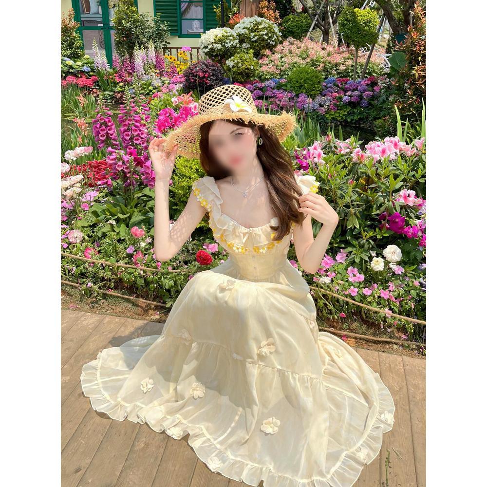 Retro A-shaped skirt skirt pure desire long square neck short sleeve waist dress women's summer