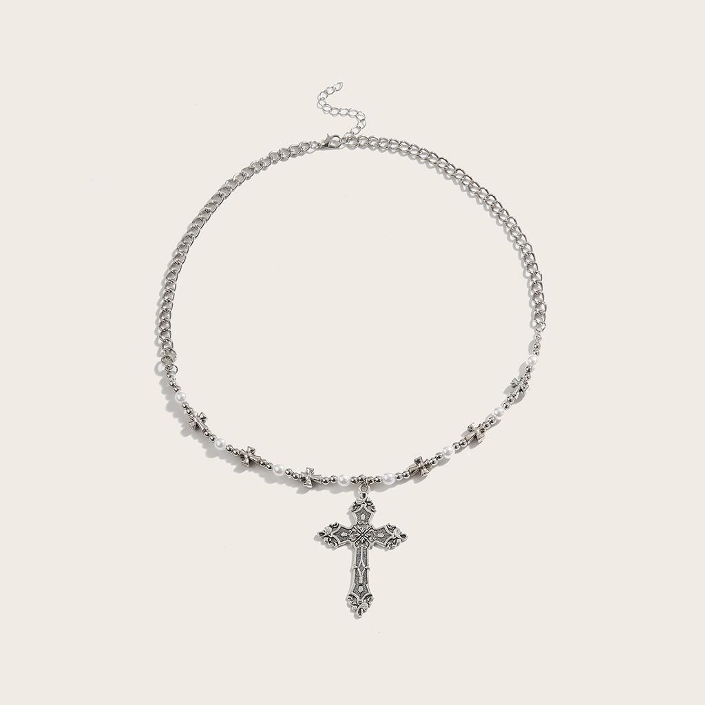 European and American Niche Collarbone Chain Retro Cross Pendant Beaded Necklace Short Chain Neck Chain Simple Street
