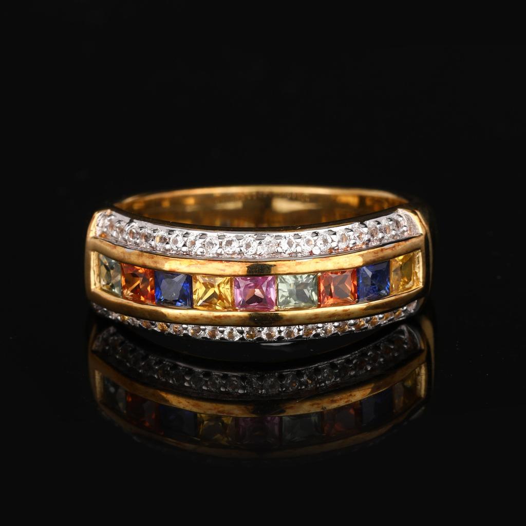 925 Sterling Silver Multi Color Sapphire Ring Gold Plated Princess Cut White Topaz Fine Jewelry Gift for Her