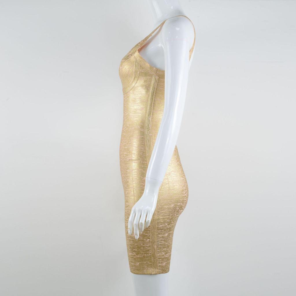 Vestido Bandagem Decote V com Alças Finas e Folha de Ouro para Performance de Festa Feminina