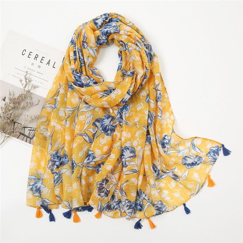 

Spain Luxury Brand Navy Blue Lovely Floral Tassel Viscose Shawl Scarf Lady High Quality Wrap Headband Bufandas Muslim Hijab