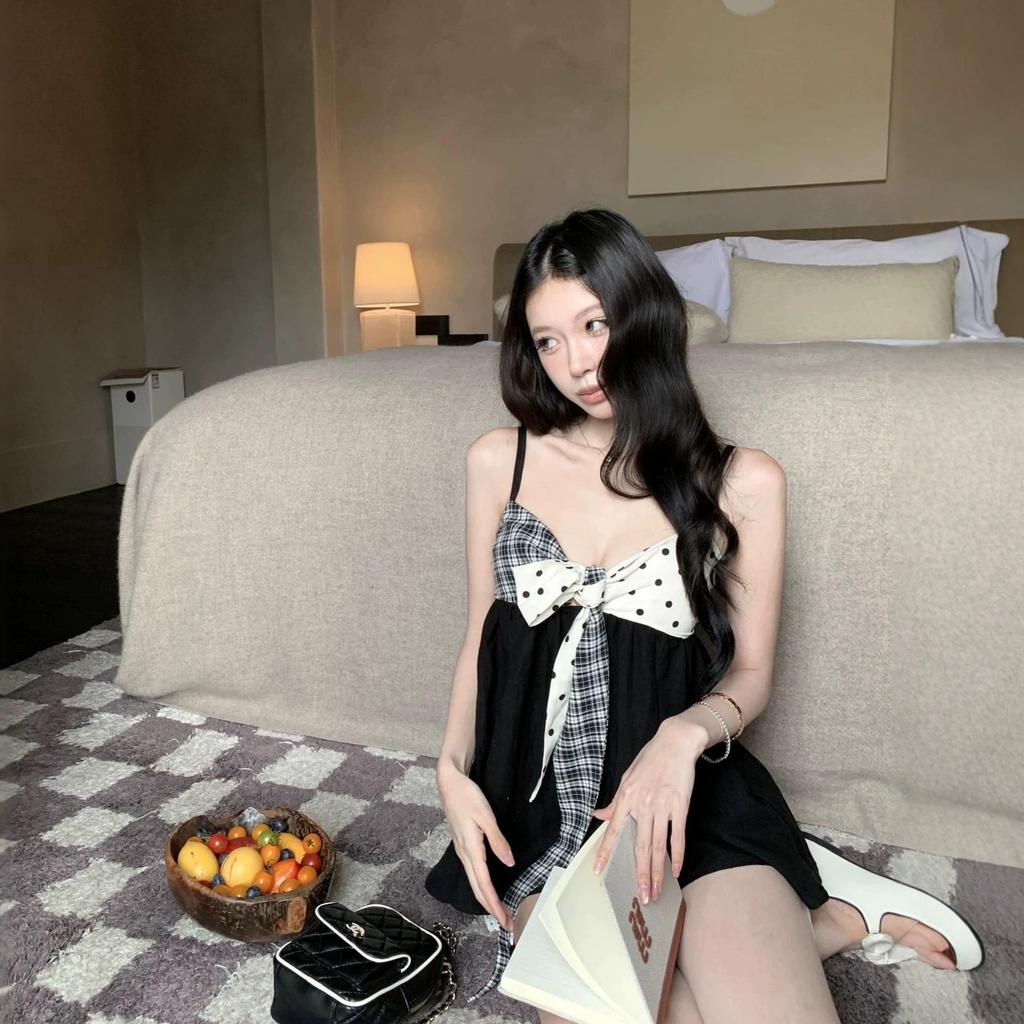 Korean ins storm dot plaid contrasting color straps A-shaped pendulum suspenders women's summer new age-reducing fashion sleeveless top