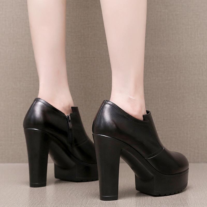 12cm Malá Velikost 32-43 Hluboký Výstřih Boty z Měkké Kůže Platformové Lodičky Podzim Zima Blokový Vysoký Podpatek Boty s Kožešinou Kancelářský Model