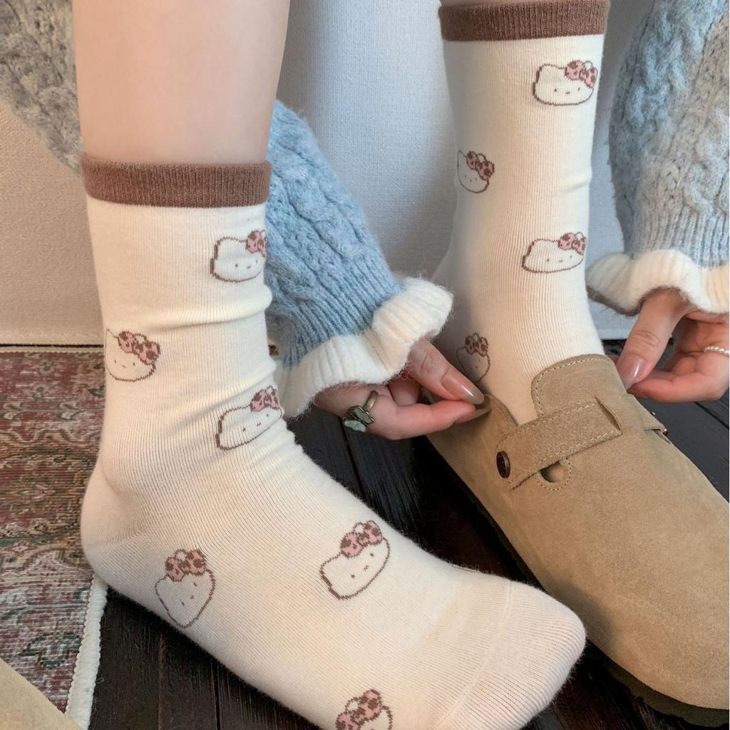 White Lace Pile Socks Girls Cute Kitty Kitty Kitty Mid-Leg Socks Trendy Spring And Autumn Pure Cotton Stockings
