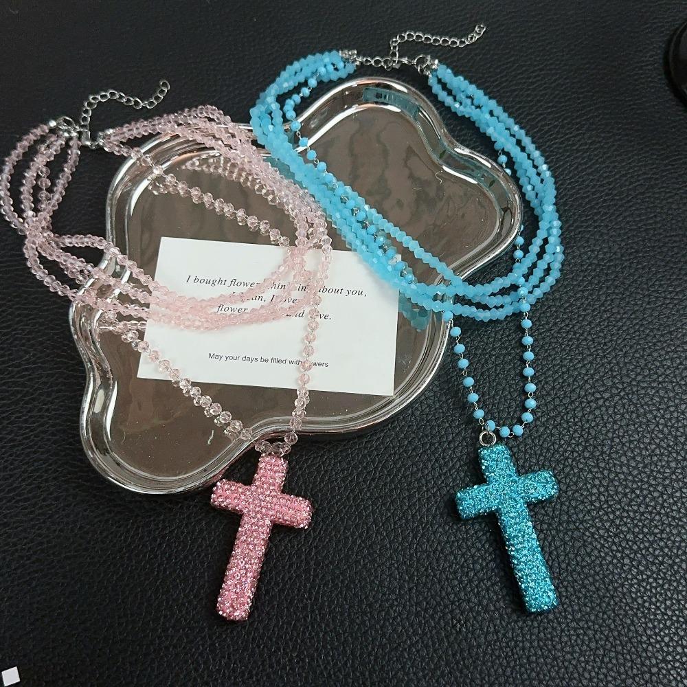 Y2k Fashion Dopamine Colored Full Crystal Cross Pendant Geometric Multi-layered Beaded Necklace for Women Hot Girl Jewelry Gifts