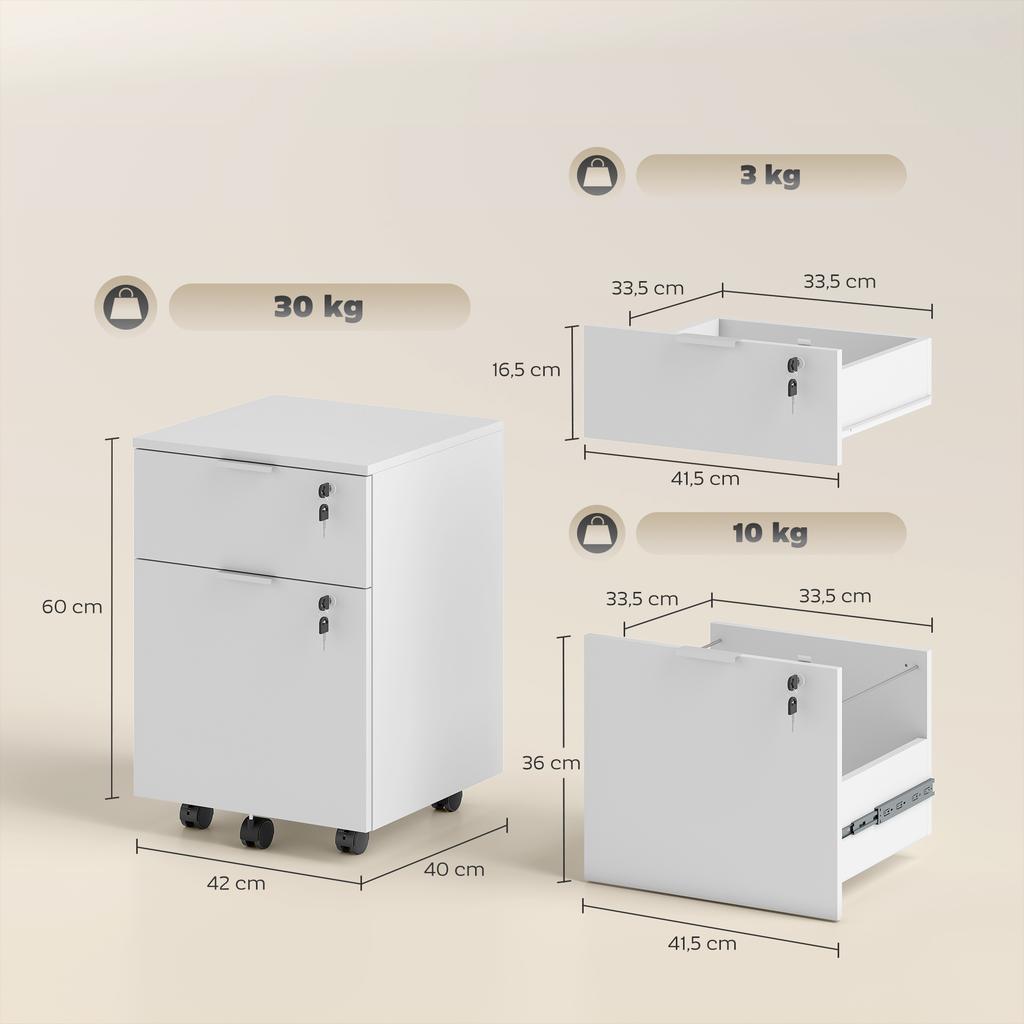 Office Pedestal, 2 Drawers, 2 Hanging File Bars, Lockable, 2 Keys, 42 x 40 x 60 cm