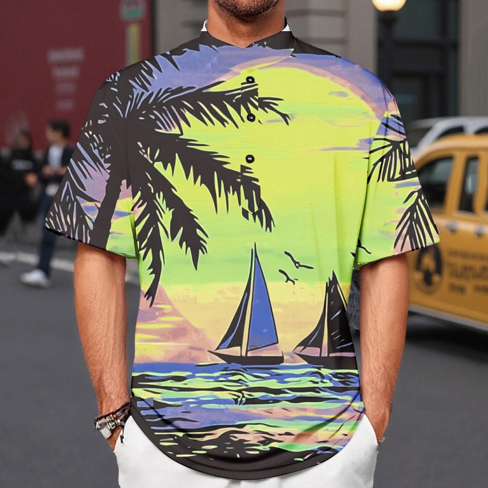 

Летний новый мужской повседневный воротник-стойка с коротким рукавом воротник рубашки XXL зелёный