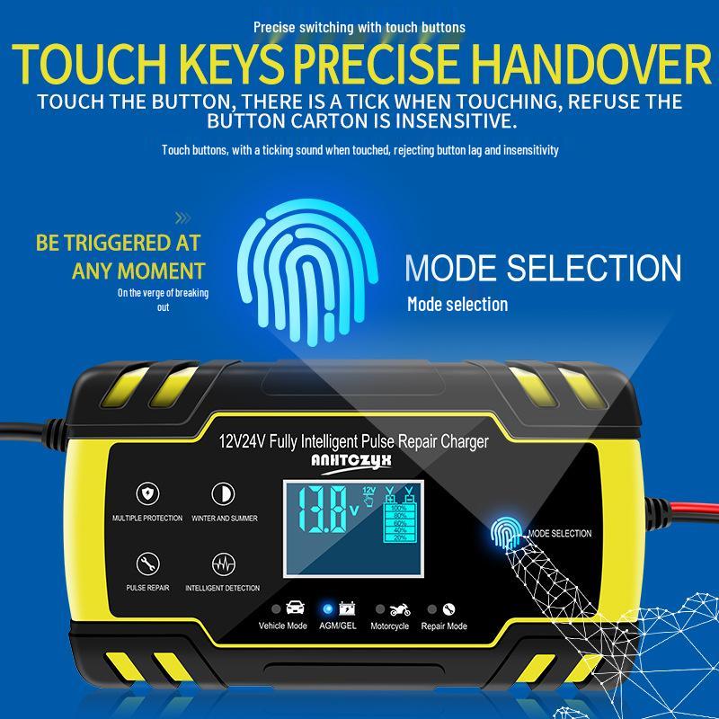 

12/24V 8A Pulse Repair Charger with LCD for Motorcycle/Car Batteries UK Plug - Yellow