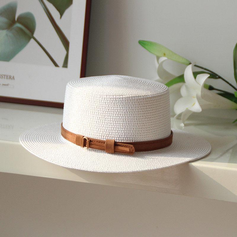 Flat Top Straw Hat Women's Summer Simple British Sun Hat Versatile Fashion Trendy Eaves Casual Top Hat