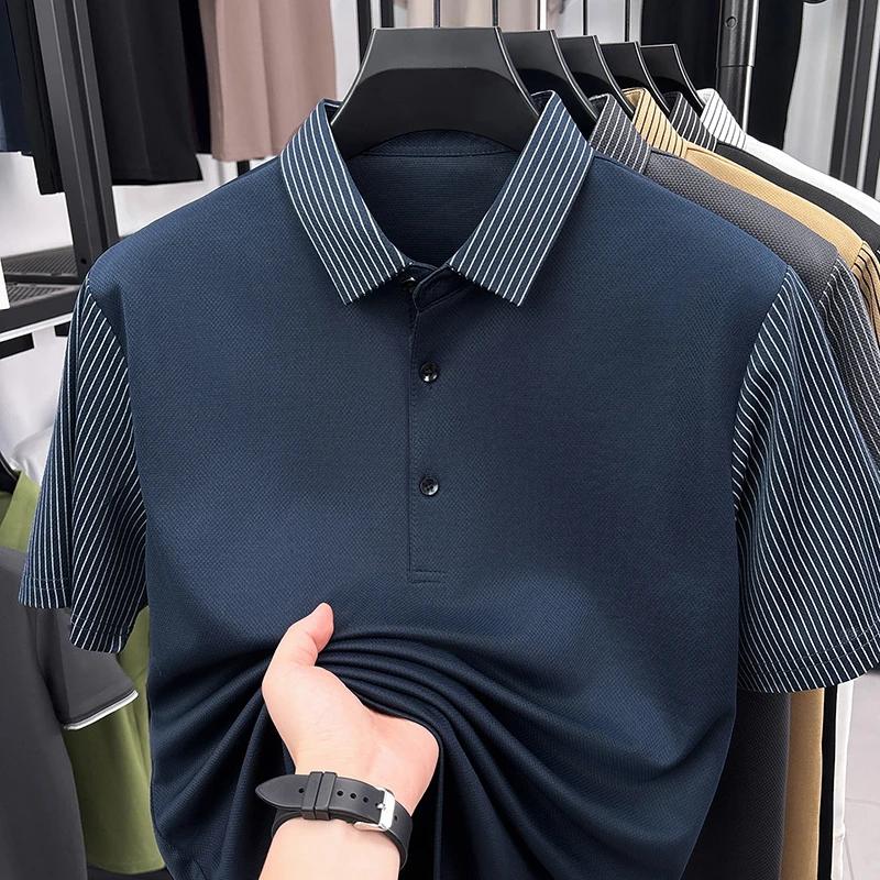 Mens Casual Striped Sleeve Polo Shirt Short Sleeve Business Breathable Lightweight Summer Top