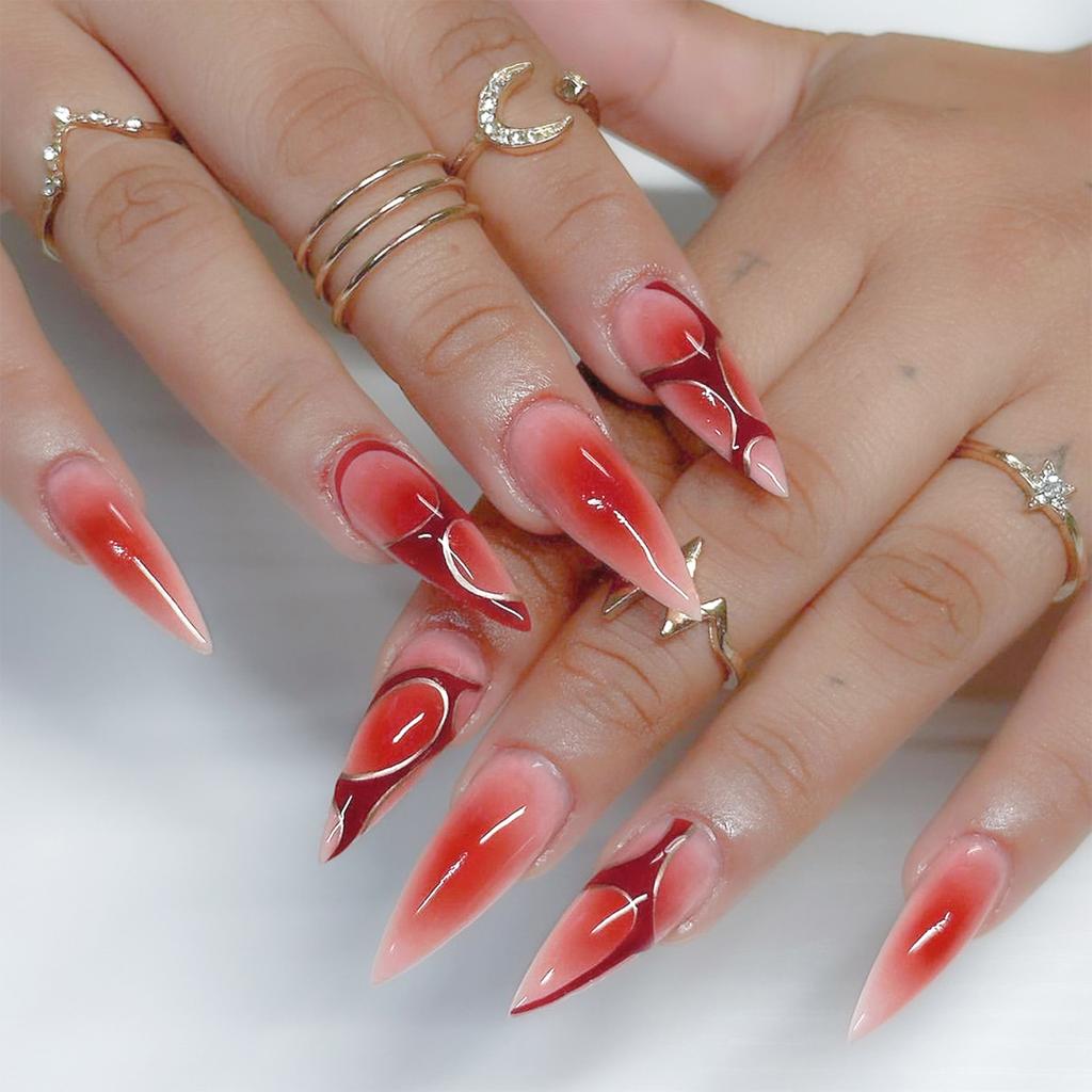 JP3535 Irregular Stripe Fake Nails with Blush Design 24pcs Lightweight and Comfortable for Daily Use