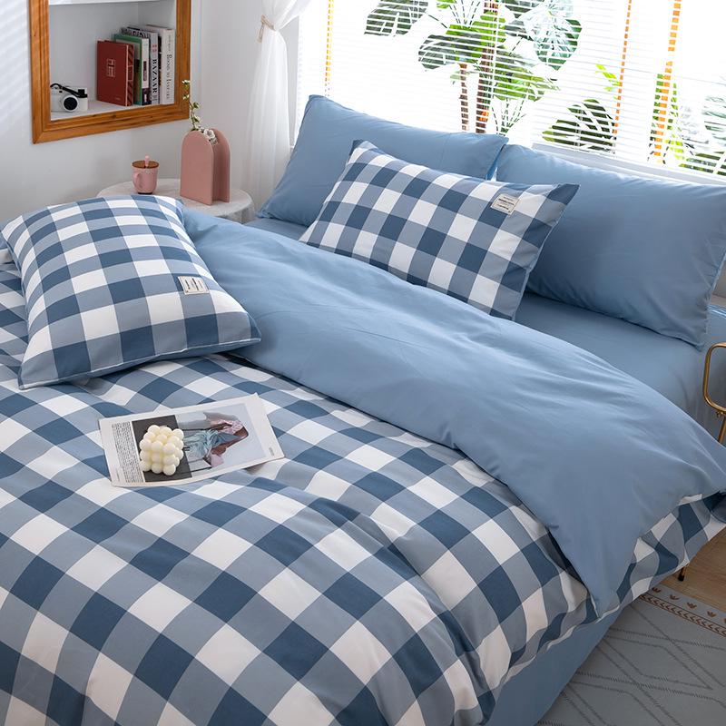 Muji Style Plaid Peach Fuzz Cotton Bedding Set: Skin-friendly Bed Sheet, Fitted Sheet, Duvet Cover - 3 or 4 Piece Options for Dorm.