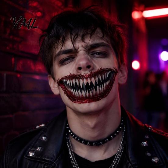 Spooky Theme Party Accessories 3Pcs Realistic Scary Mouth Tattoos for Halloween Zombie Vampire Clown Party, Waterproof Cosplay Face Decals Horror