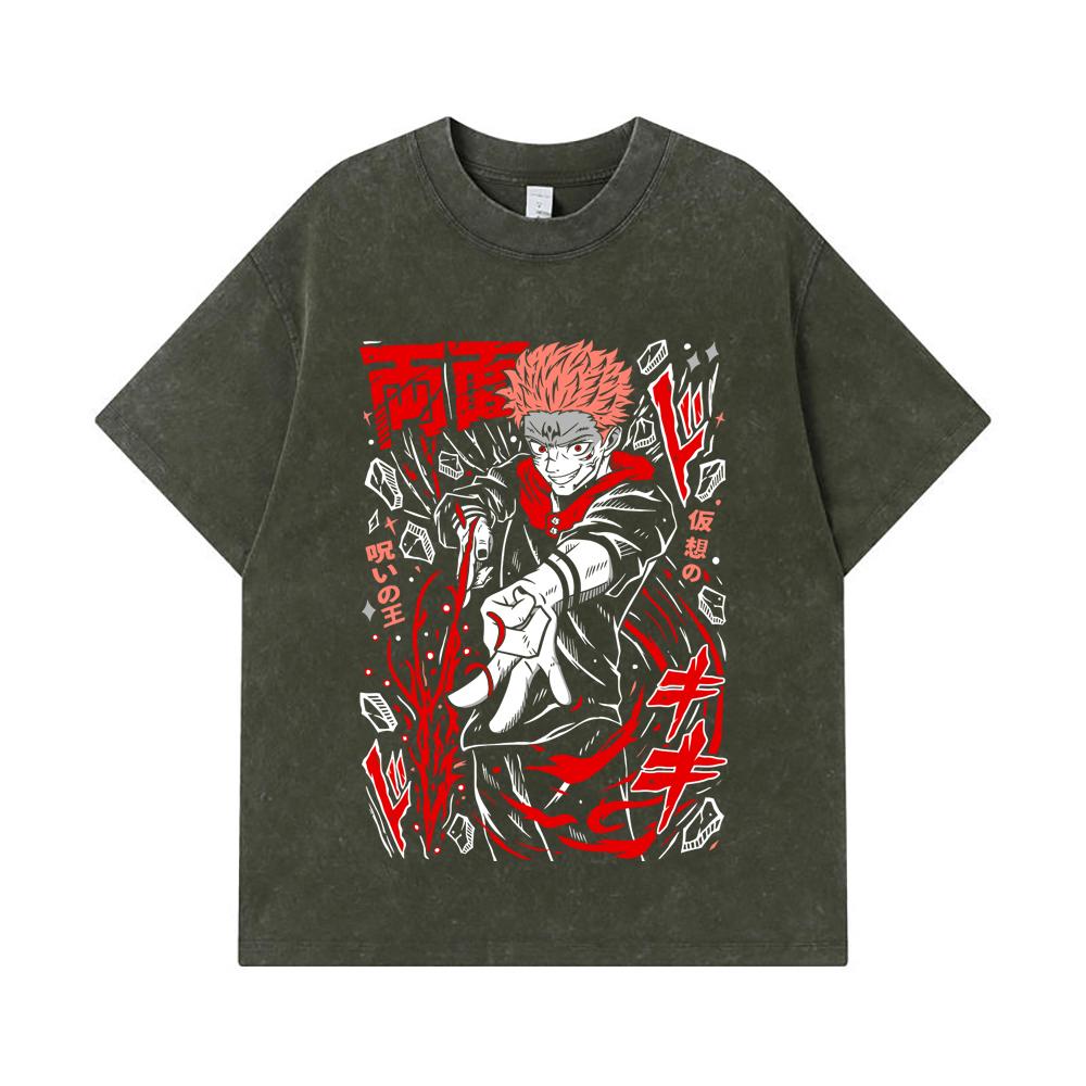 275 GSM Washed T-shirts 100% Cotton Jujutsu Kaisen V31 Sukuna Print Unisex Heavy Cotton T Shirt