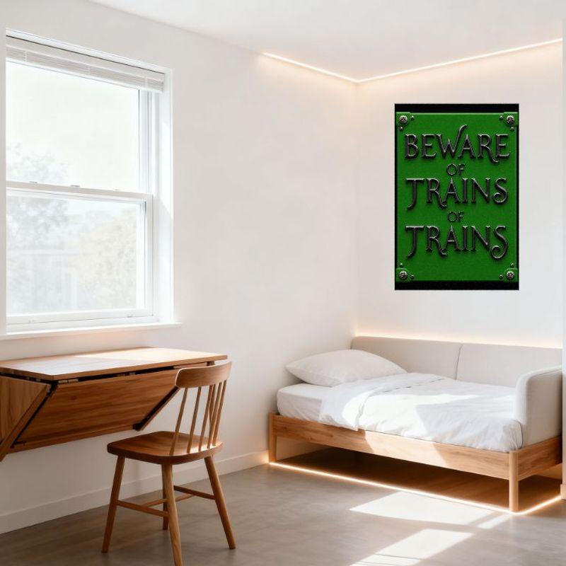 Beware of Trains of Trains Vintage Warning Metal Tin Sign with Floral Bolts, Retro Industrial Home Office Cafe Bar Decorative Pl