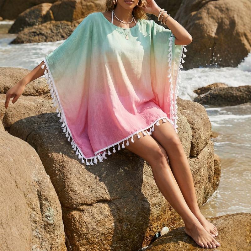 Casual Loose Gradient Printed Tassel Splicing Women Beach Cover Up T Shirt