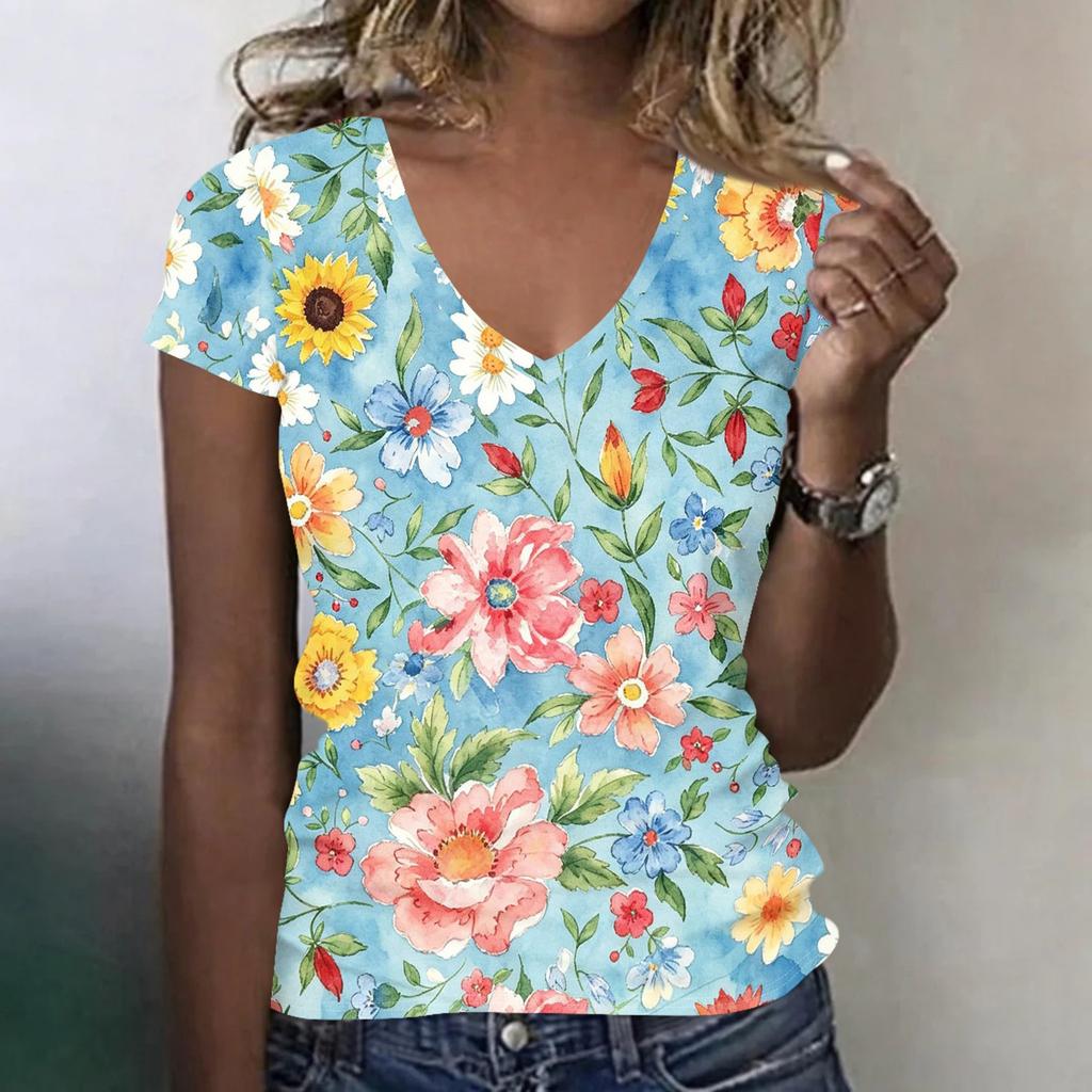 Women’s Casual V Neck Short Sleeve Floral Print T Shirt Top Relaxed Fit Lightweight Summer Tee for Daily Wear