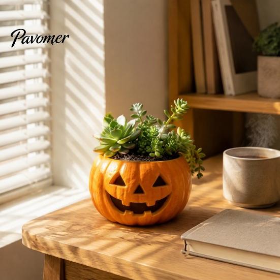 Decorative Pumpkin Container for Porch Patio Halloween Planter, Resin Jack-O-Lantern Flower Pot, Autumn Gift Plant Lovers Pot Succulents Fall Holiday