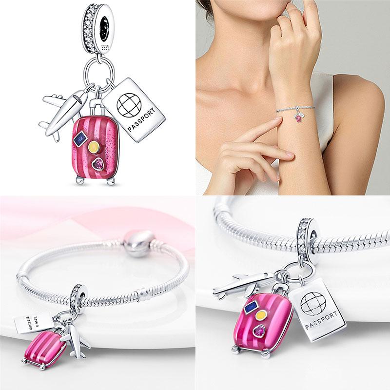 Authentic Original 100% Copper Metal Luggage Airplane Passport Summer Travel Charm Bead Components Compatible With Authentic Original Bracelet High