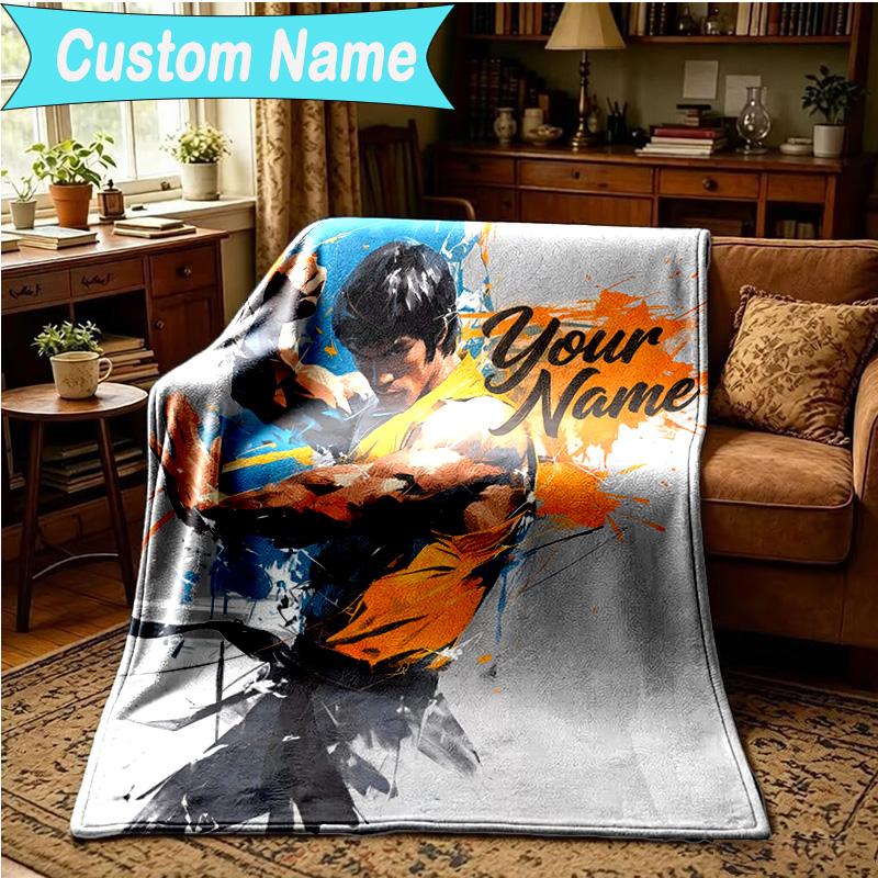 1PC Custom Name Blanket Dynamic Bruce-Lee Pose Flannel blankets Patterns Throw Blanket All-Season Soft Gift for Couch, Bed, Camping, Birthday gifts