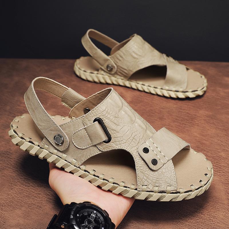 Fashion Daily Men Casual Sandals Slippers PU Flat Bottomed Hand Sewn Dual-purpose Sandals Outdoor Vacation Beach Sandals