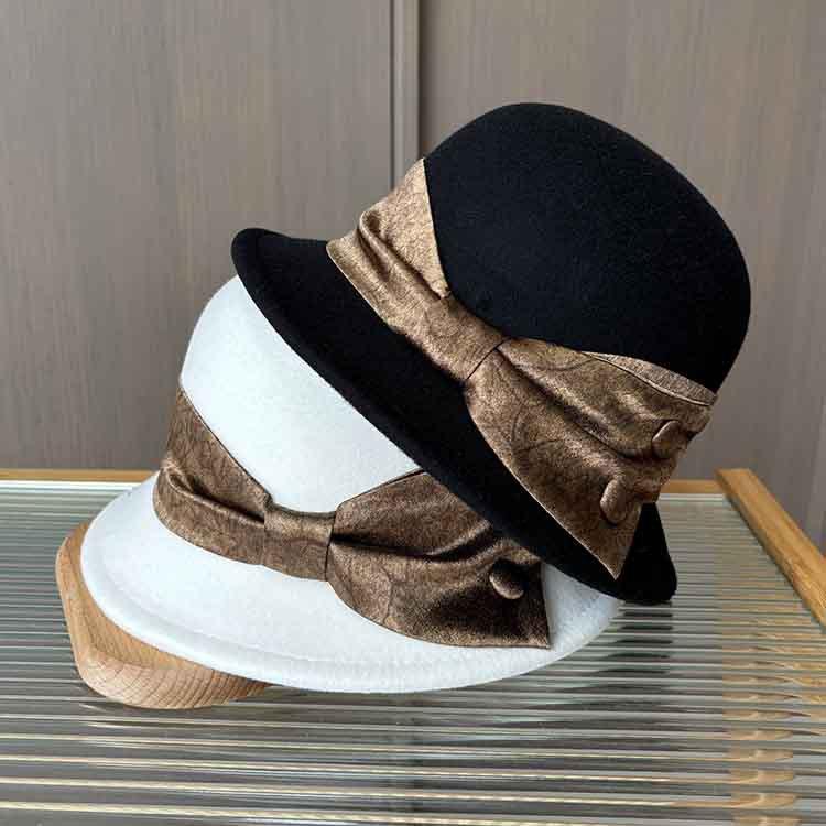New Contrasting Color Big Bow Top Hat Autumn and Winter Woolen Hat Women's Retro Fisherman Basin Hat