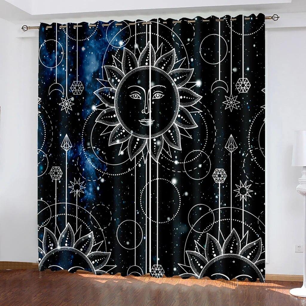 Graphic Sun Moon Starry Sky Printed Curtains, Rod Pocket Curtains Living Room Kitchen Office Decoration Curtains Home Decoration