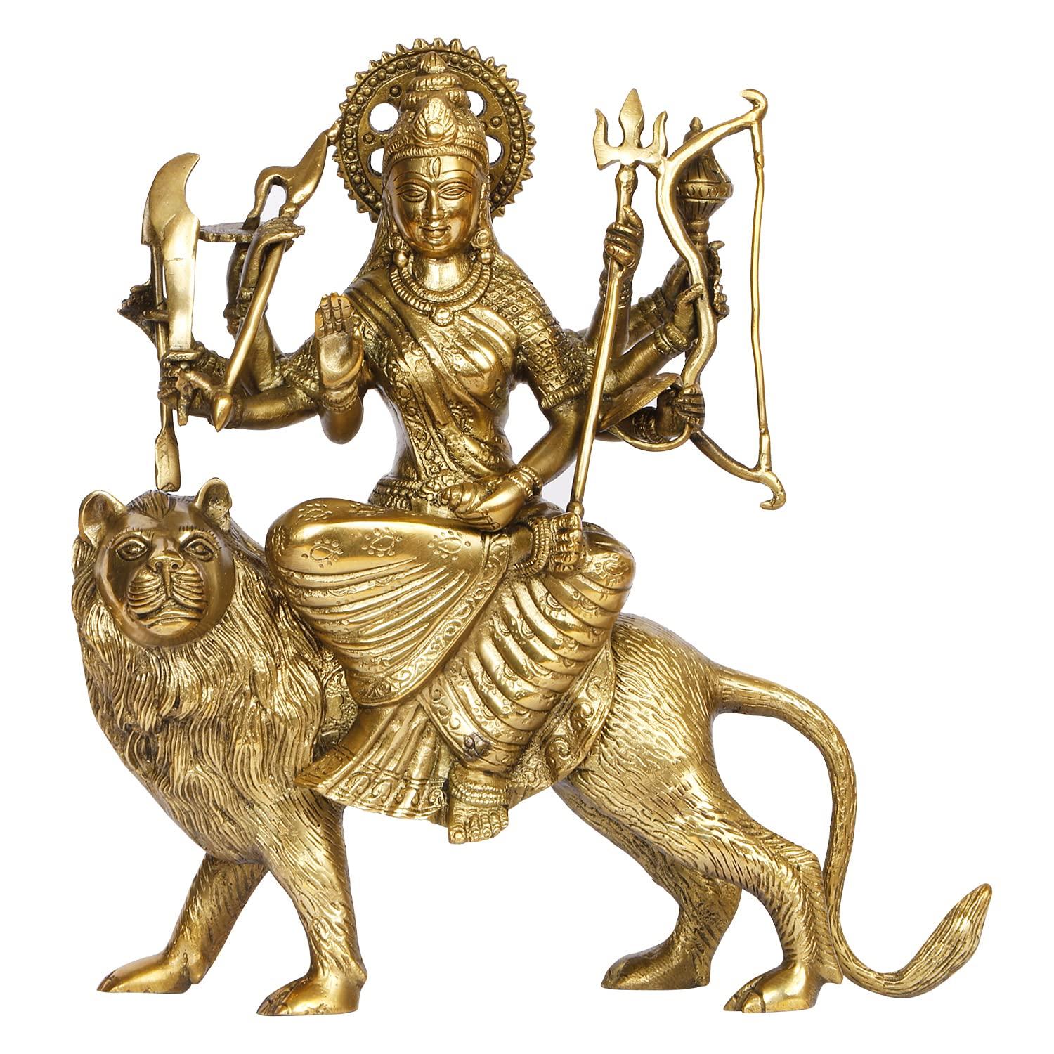 

Sherawali Mata Devi, Goddess Sitting On Lion Ten Arms Statue, Brass - 11.5 Inch