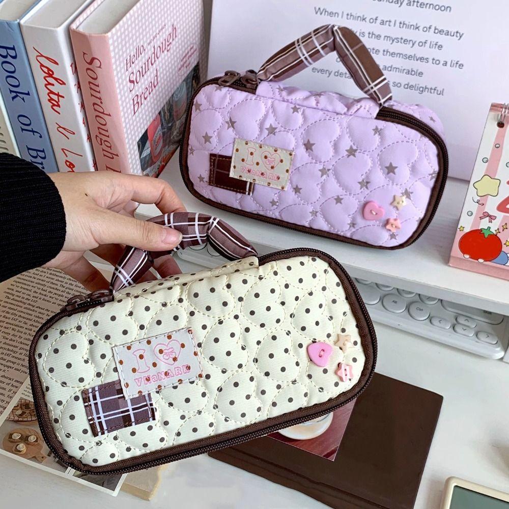 New Handheld Pencil Case Polka Dot Portable Pen Bag Large Capacity Stationery Pouch School Office