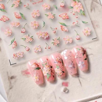 3D Pink Cherry Blossom Nail Art Stickers: Cute, Embossed Oil Painting Design