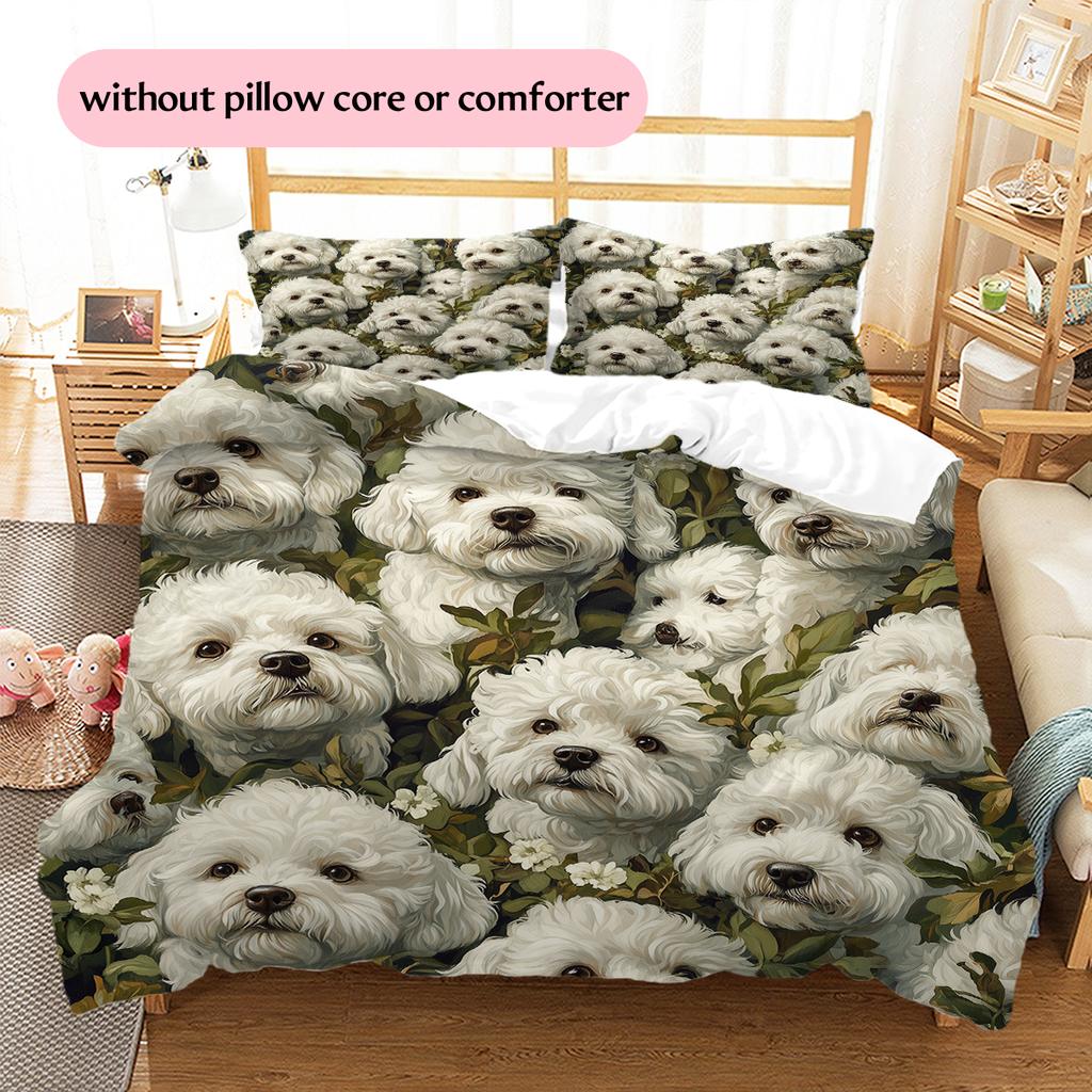 Bettwäsche mit Blätter- und Bichon-Muster, Heimdekoration, Geburtstagsgeschenk (1 Bettbezug + 2 Kissenbezüge, ohne Füllung)