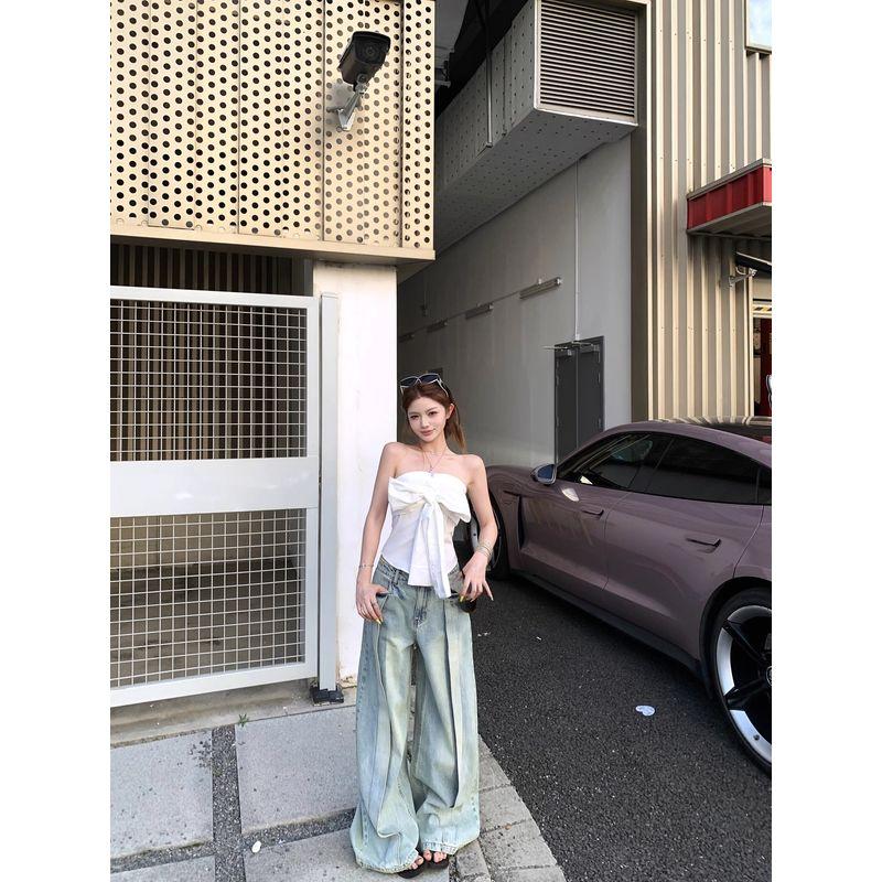 Kumikumi Fashion Set off-Shoulder White Tube Top Vest Women Summer Distressed All-Match Jeans Two-piece Set
