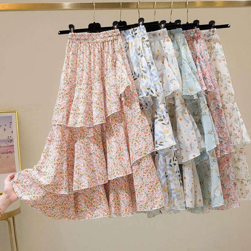 Floral Skirt Women Summer Sweet Ruffled A-line Chiffon Long Skirt Woman Korean Clothing