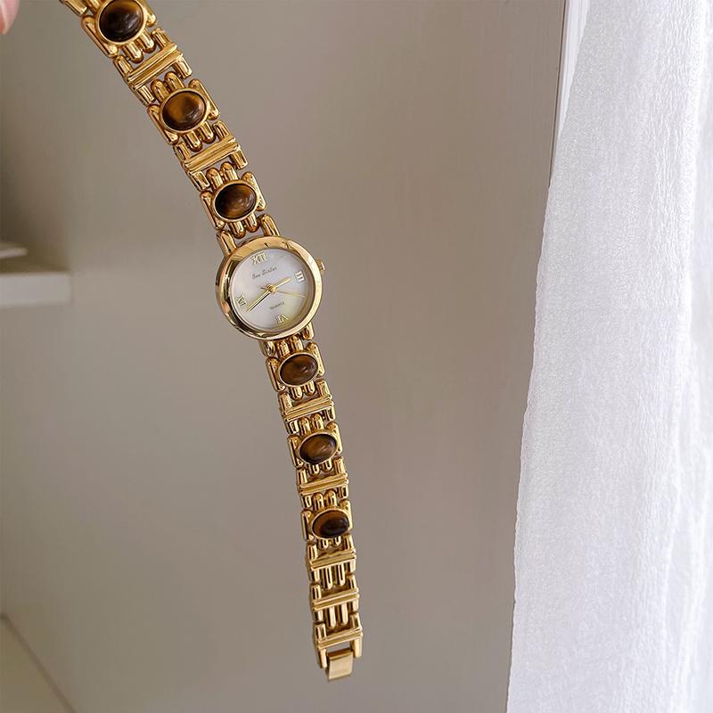 Light Luxury Women's Watches Premium Natural Tiger Eye Stone Bracelet Quartz Wristwatch Roman Numerals Round Dial Ladies' Watch