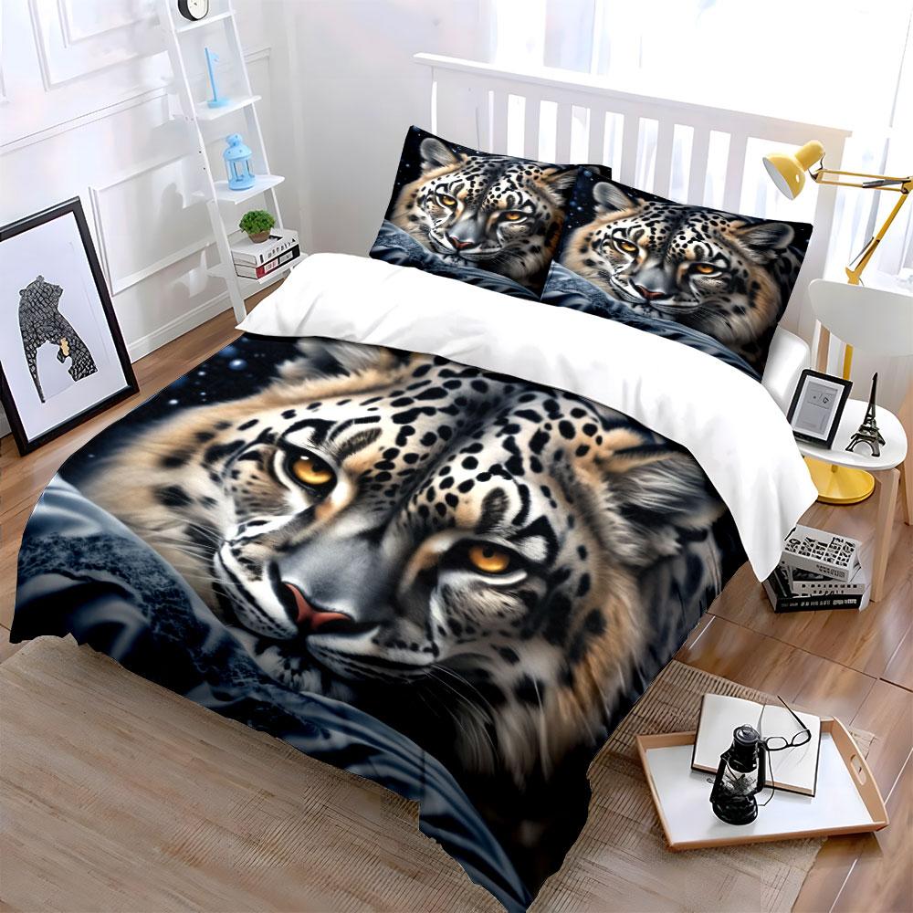 Realistic Starry Snow Leopard Animal print Bedding Set 3pcsSoft Skin-Friendly Bedding Set Includes 1 Duvet Cover 2 Pillowcase