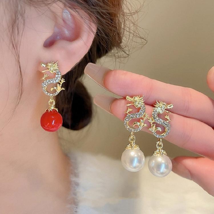 Delicate Dragon Year Ear Studs with Diamond Embellished Stylish Drop Ear Rings