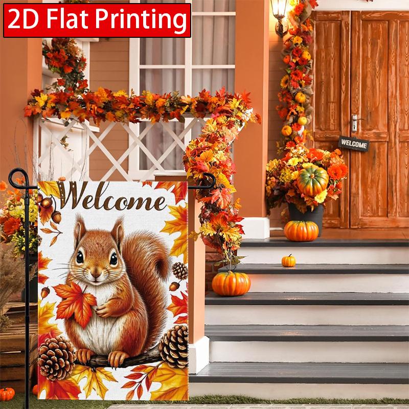 2D Flat, 2D Flat Thanksgiving Autumn Maple Leaf Squirrel Garden Flag- Outdoor Garden Flag Double-sided Home Decoration Courtyard Decoration Outdoor De