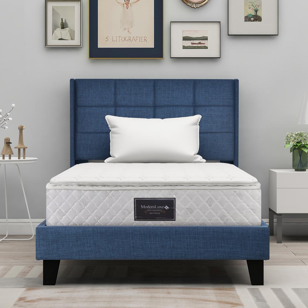 Upholstered Bed with Upholstered Headboard, Single Bed with Slatted Frame, 90x200cm, in Blue Linen, Medium-Firm (With Pocket Spring Mattress)