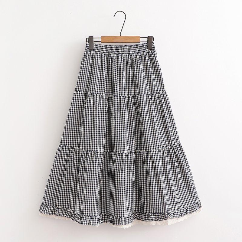 

Японский стиль Мори Девушки Преппи Стиль Клетчатая Отделка Кружево Кружевная Юбка Карман Миди Длина Платье-Торт Большая Юбка Юбка-Зонт Black Gingham All yards