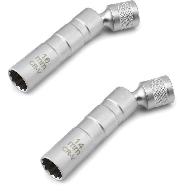 QWORK 14Mm&16Mm Magnetic Swivel Spark Plug Socket, Thin Wall Magnetic Rotating 3/8" Drive 12 Point Standard Spark Plug Socket Removal Tool 360-Degree