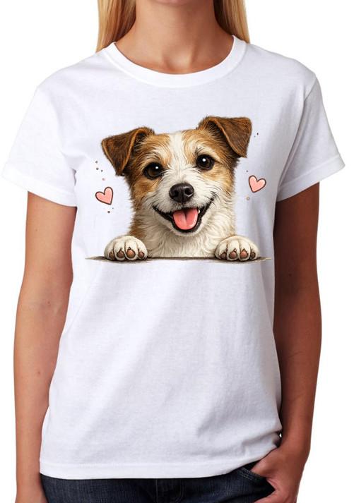 Cute Jack Russell Terrier Peekaboo Dog T-Shirt Love Funny Puppy Ladies Tee M