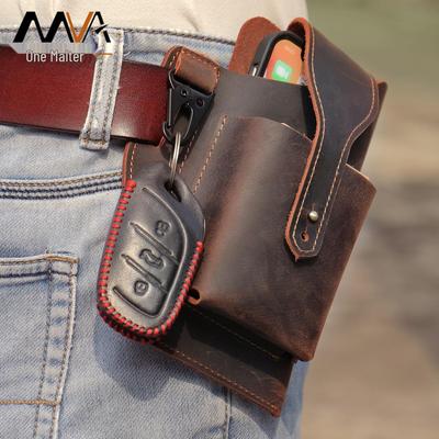Genuine Leather Men's Cell Phone Waist Bag - Crazy Horse Tactical Belt Bag for Construction Site and Sports.