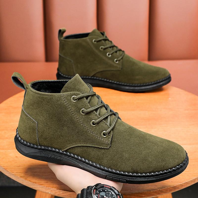 Autumn Spring Men's High Top Casual Board Shoes Men's Lace Up Suede Black Flat Bottom Short Boots Men's Chelsea Boots