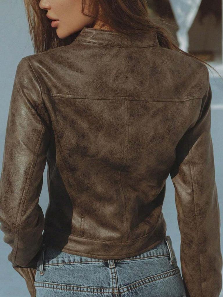 Rose Beauty A Y2K Street Maillard Stand Collar Zipper Fly Snap Button Suede Motobike Jacket Crop Coat