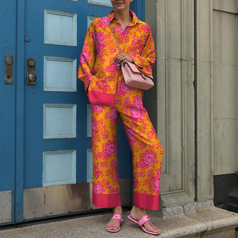 Grünes geometrisches Print Damenhemd und Wide Leg Hosen Kombinationsset