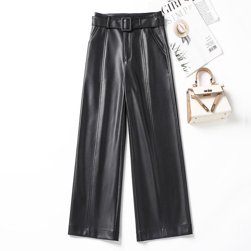 2025 Autumn Winter Women's High Waist Straight Leg Leather Pants, Wide Leg, Plus Velvet, Casual Loose Cropped Fit, Style 514.