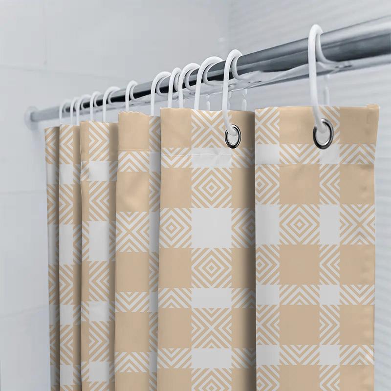 White And Beige Checkered Shower Curtain For Bathroom Decor Waterproof Fabric With Rings For Hooks (180X274Cm)