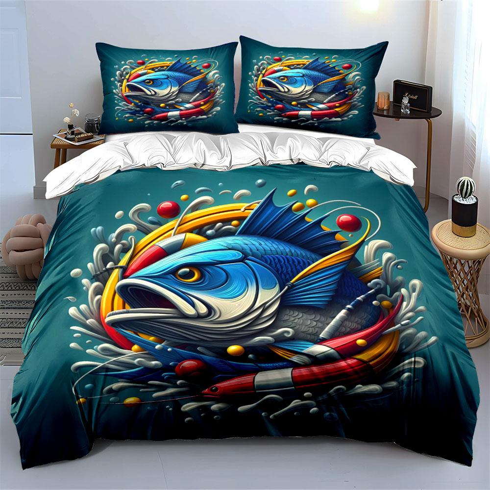 Fishing Gear Set Outdoor Essentials Soft Comfortable Duvet Cover Bedding Set Included 1*Duvet Cover & 2*Pillowcases, Gift